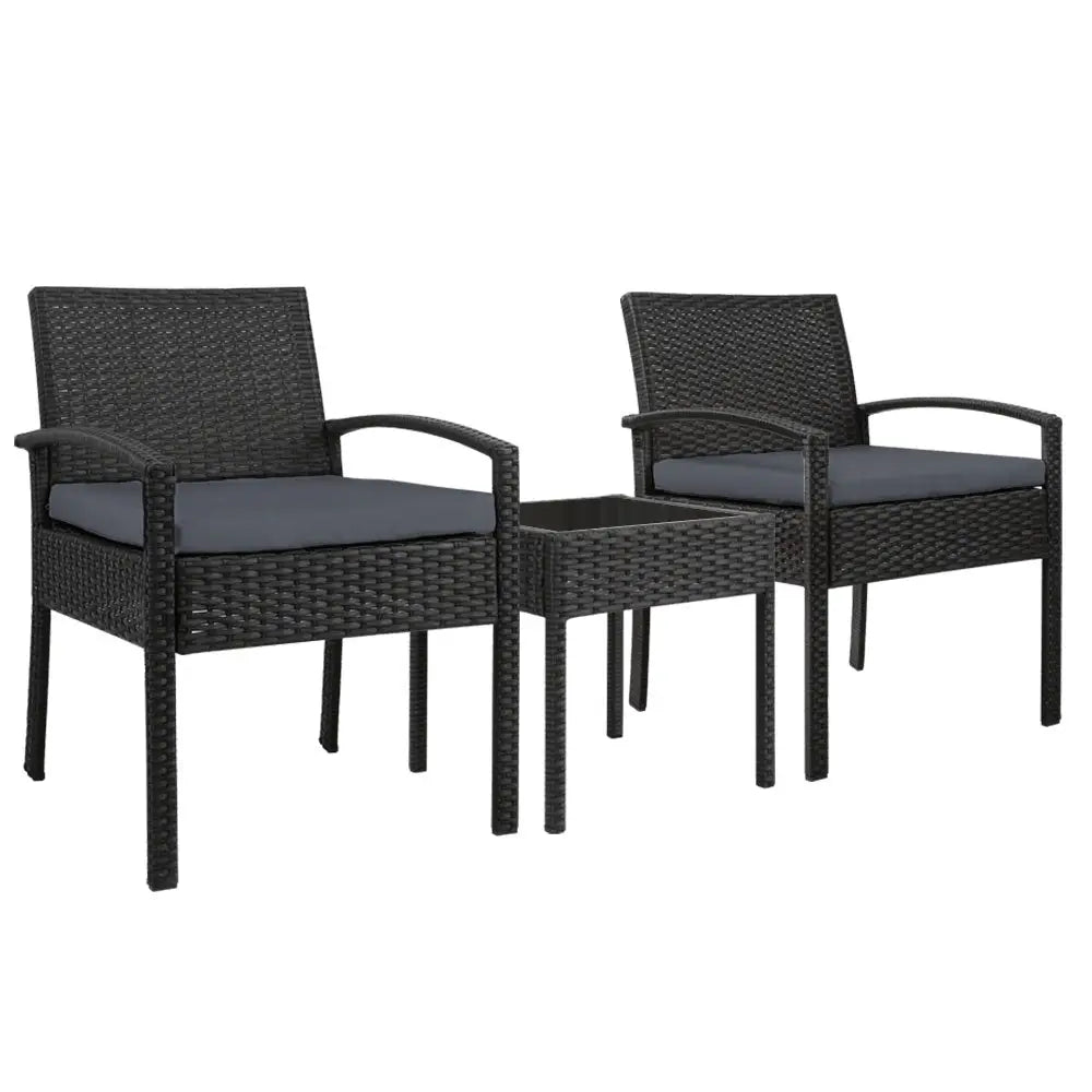 Gardeon 3PC Patio Furniture Bistro Set Wicker Outdoor Lounge Setting Black - Furniture > Outdoor