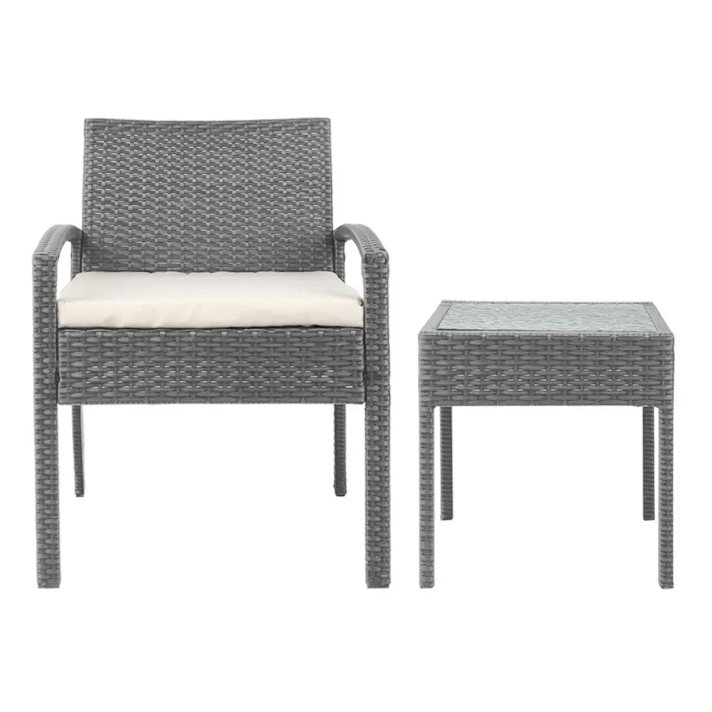 Gardeon 3PC Patio Furniture Bistro Set Wicker Outdoor Lounge Setting Grey - Furniture > Outdoor