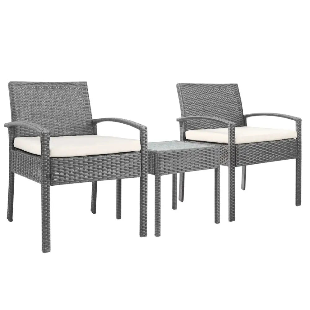 Gardeon 3PC Patio Furniture Bistro Set Wicker Outdoor Lounge Setting Grey - Furniture > Outdoor