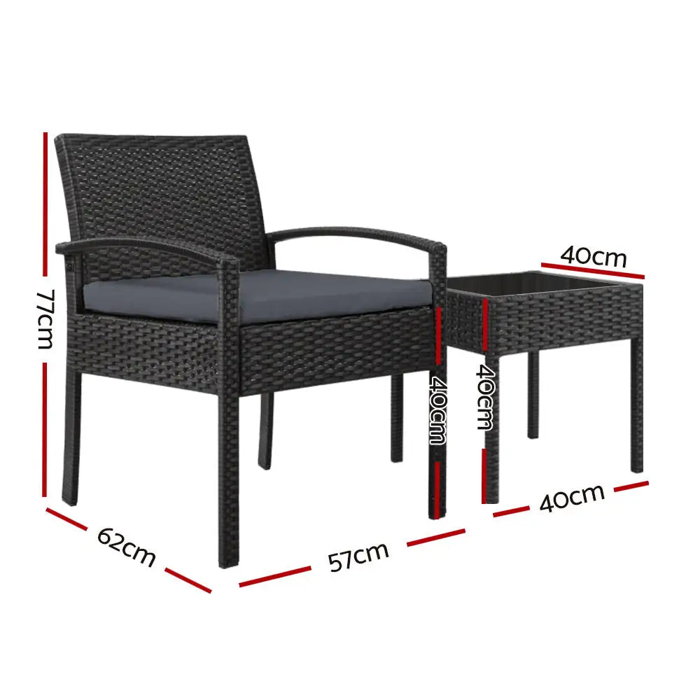 Gardeon 3PC Patio Furniture Bistro Set Wicker Outdoor Lounge Setting Black - Furniture > Outdoor