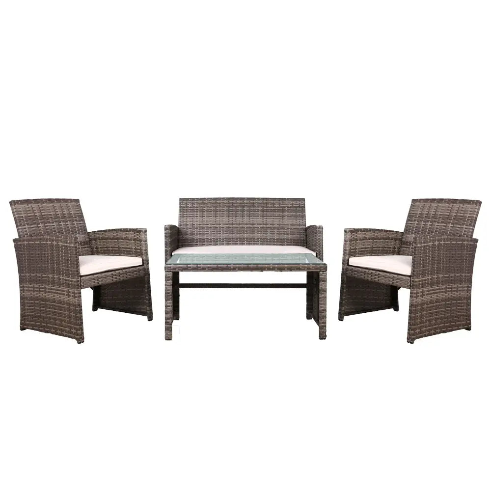 Gardeon 4 PCS Outdoor Sofa Set Rattan Chair Table Setting Garden Furniture Grey - Furniture > Outdoor