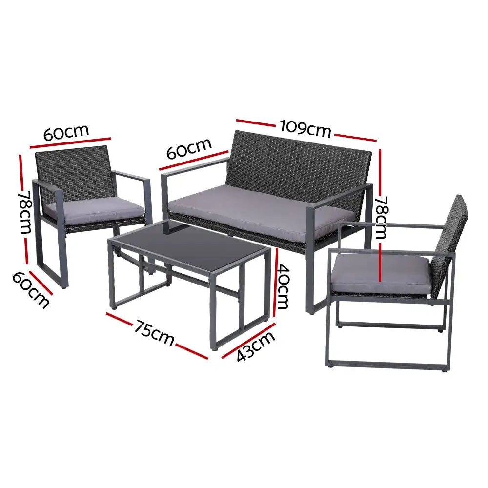 Gardeon 4 PCS Outdoor Sofa Set Rattan Furniture with Storage Cover Chairs Black - Furniture > Outdoor > Outdoor Chairs