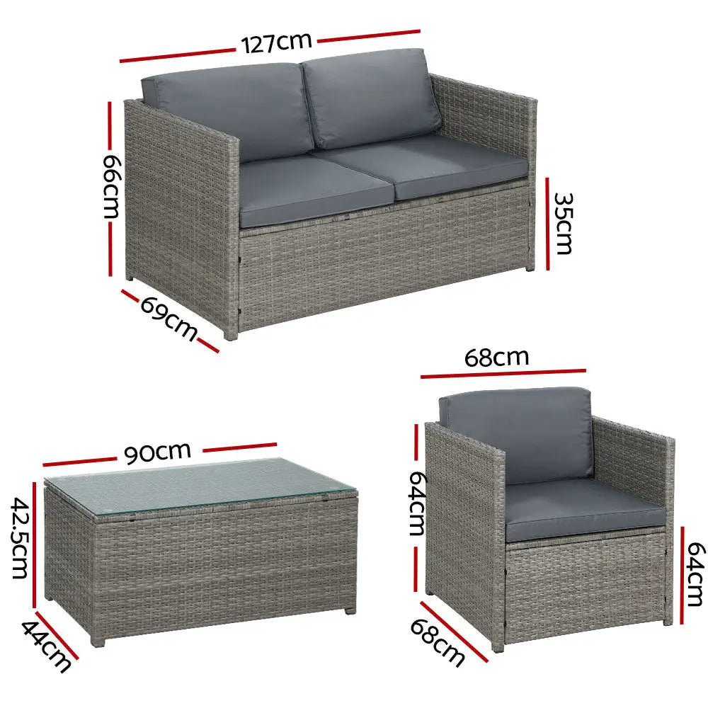 Gardeon 4-Piece Outdoor Sofa Set Wicker Couch Lounge Setting Grey - Furniture > Outdoor