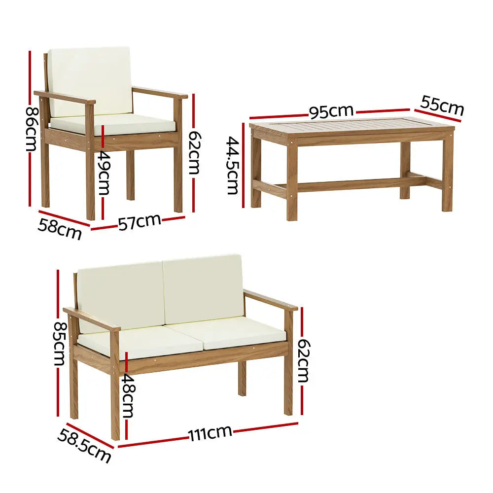 Gardeon 4-Piece Outdoor Sofa Set Wooden Couch Lounge Setting - Furniture > Outdoor