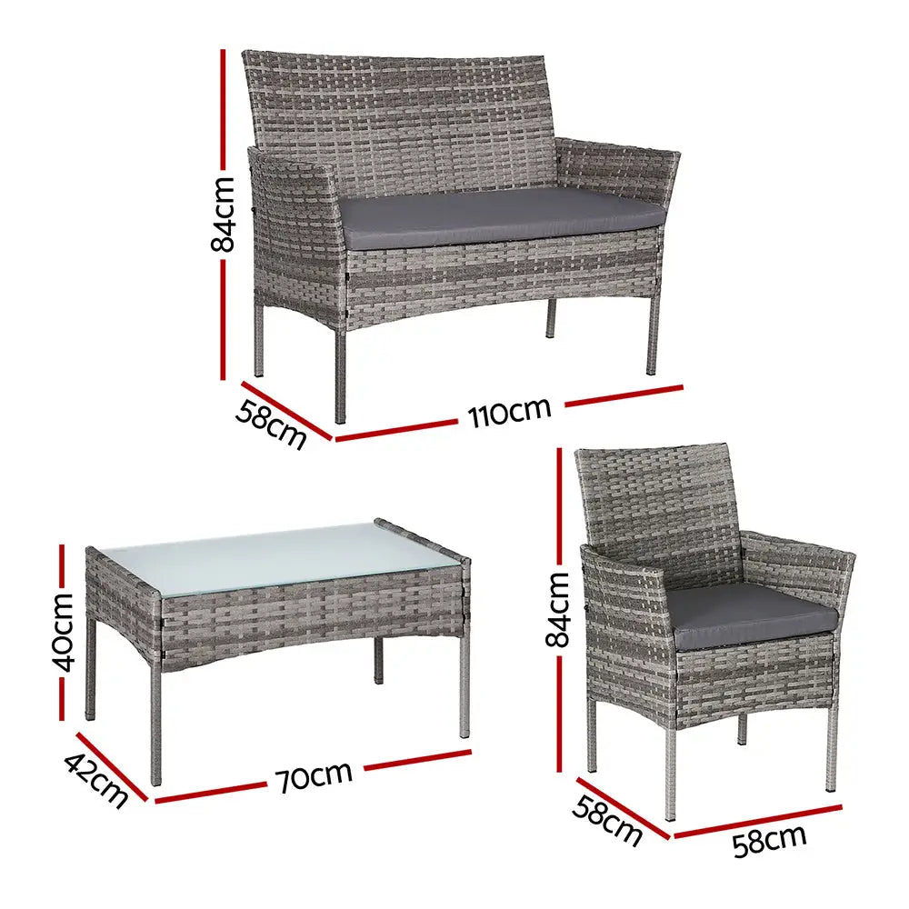 Gardeon 4 Seater Outdoor Sofa Set Wicker Setting Table Chair Furniture Grey - Furniture > Outdoor