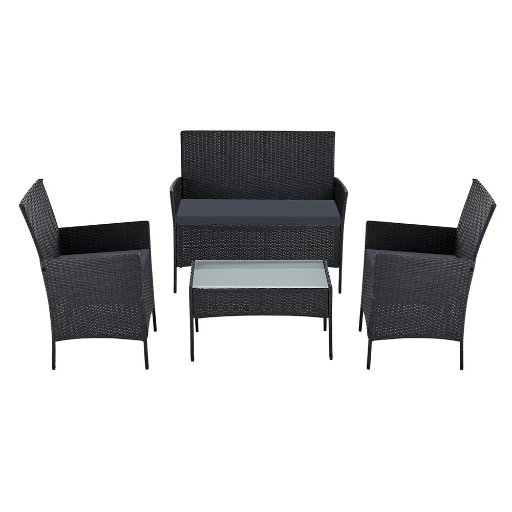 Gardeon 4 Seater Outdoor Sofa Set with Storage Cover Wicker Table Chair Black - Furniture > Bar Stools & Chairs > Arm