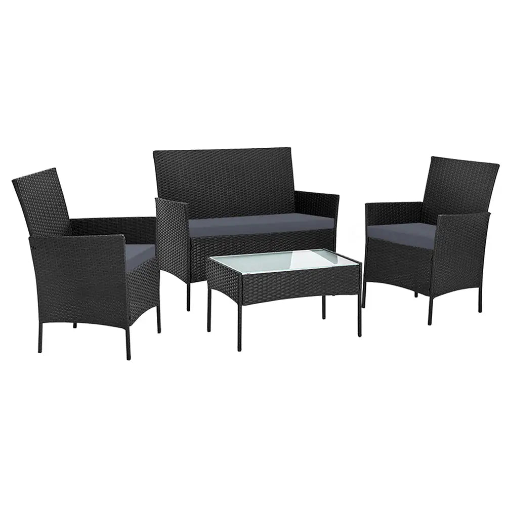 Gardeon 4 Seater Outdoor Sofa Set with Storage Cover Wicker Table Chair Black - Furniture > Bar Stools & Chairs > Arm