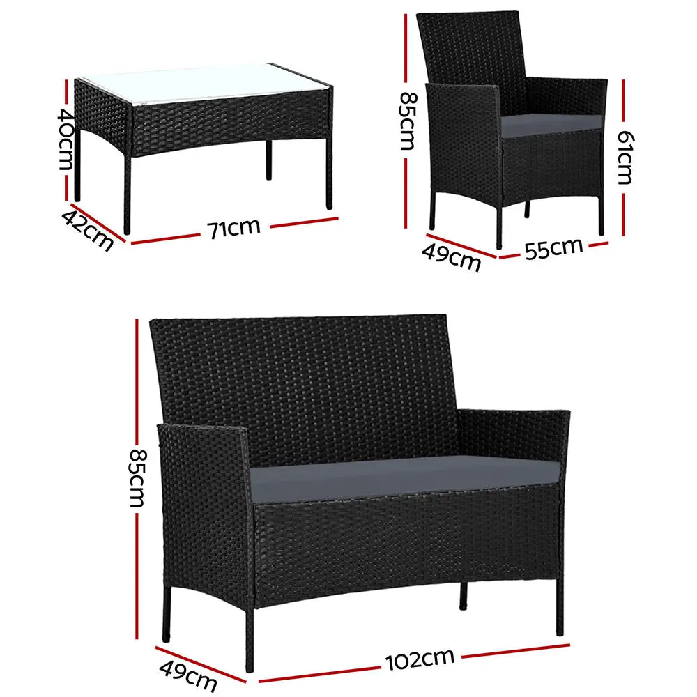 Gardeon 4 Seater Outdoor Sofa Set with Storage Cover Wicker Table Chair Black - Furniture > Bar Stools & Chairs > Arm