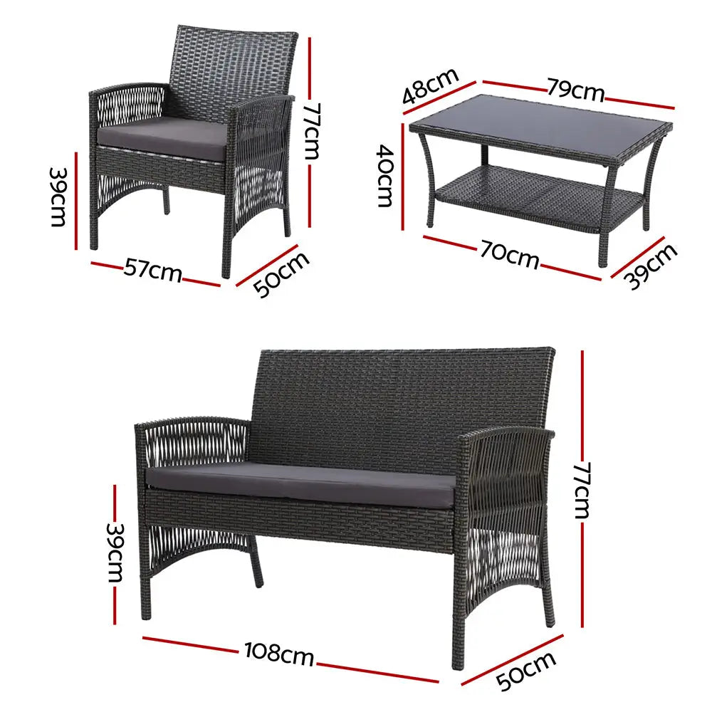 Gardeon 4PCS Outdoor Sofa Set Wicker Harp Chair Table Garden Furniture Grey - Furniture > Outdoor