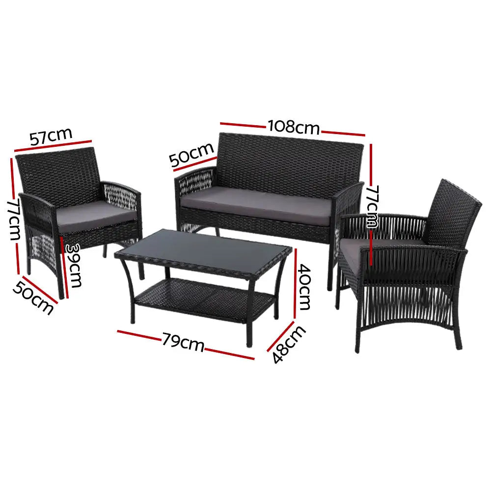 Gardeon 4PCS OutdoorSofa Set with Storage Cover Wicker Harp Chair Table Black - Furniture > Outdoor > Outdoor Sofas &