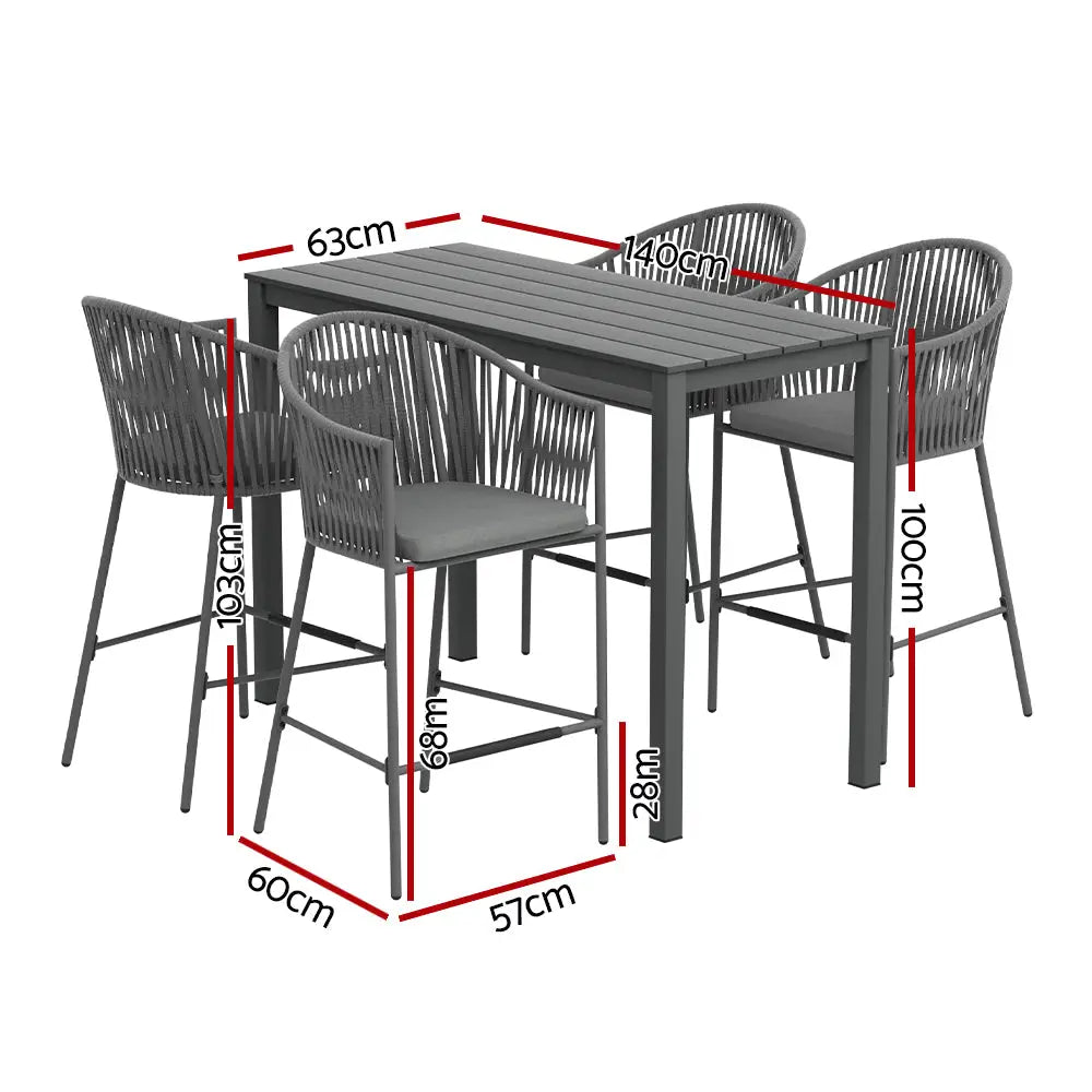 Gardeon 5-Piece Outdoor Bar Set Dining Table Rope Chair Patio Bistro Set - Furniture > Outdoor