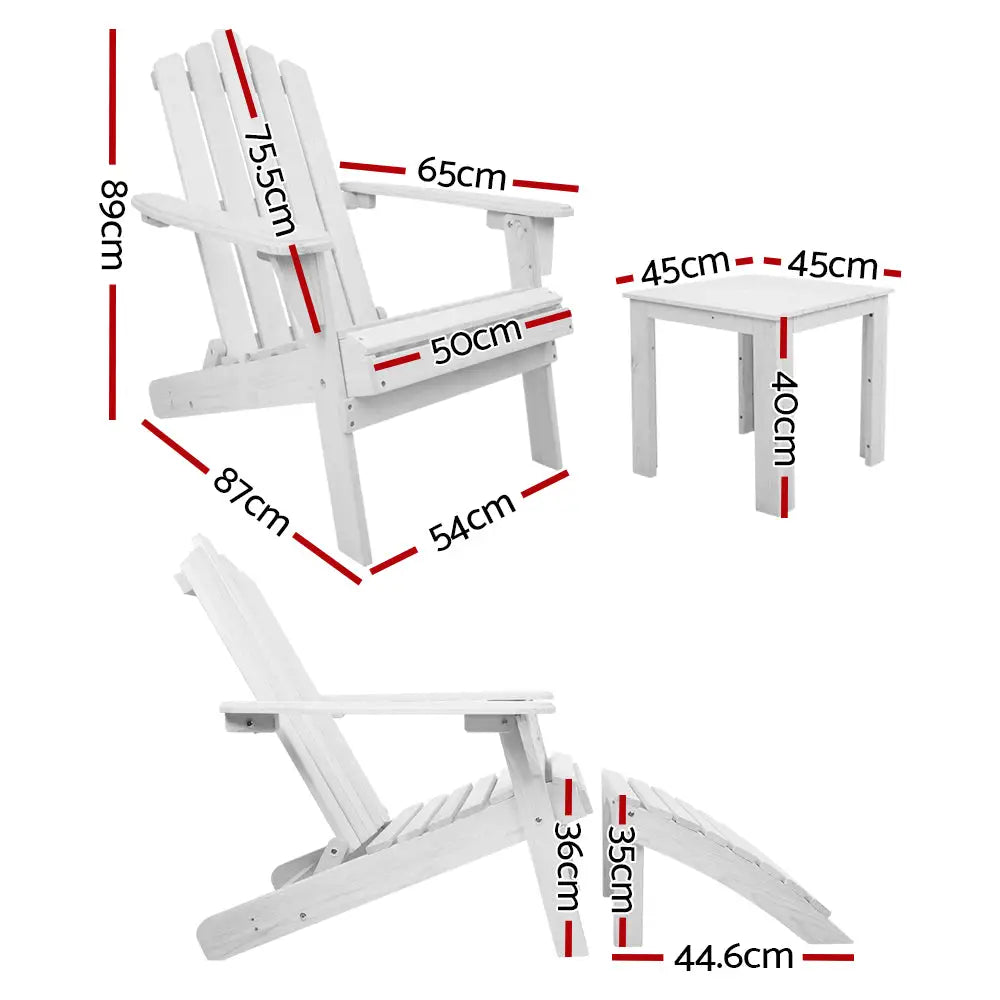 Gardeon 5PC Adirondack Outdoor Table and Chairs Wooden Sun Lounge Patio Furniture White - Furniture > Outdoor