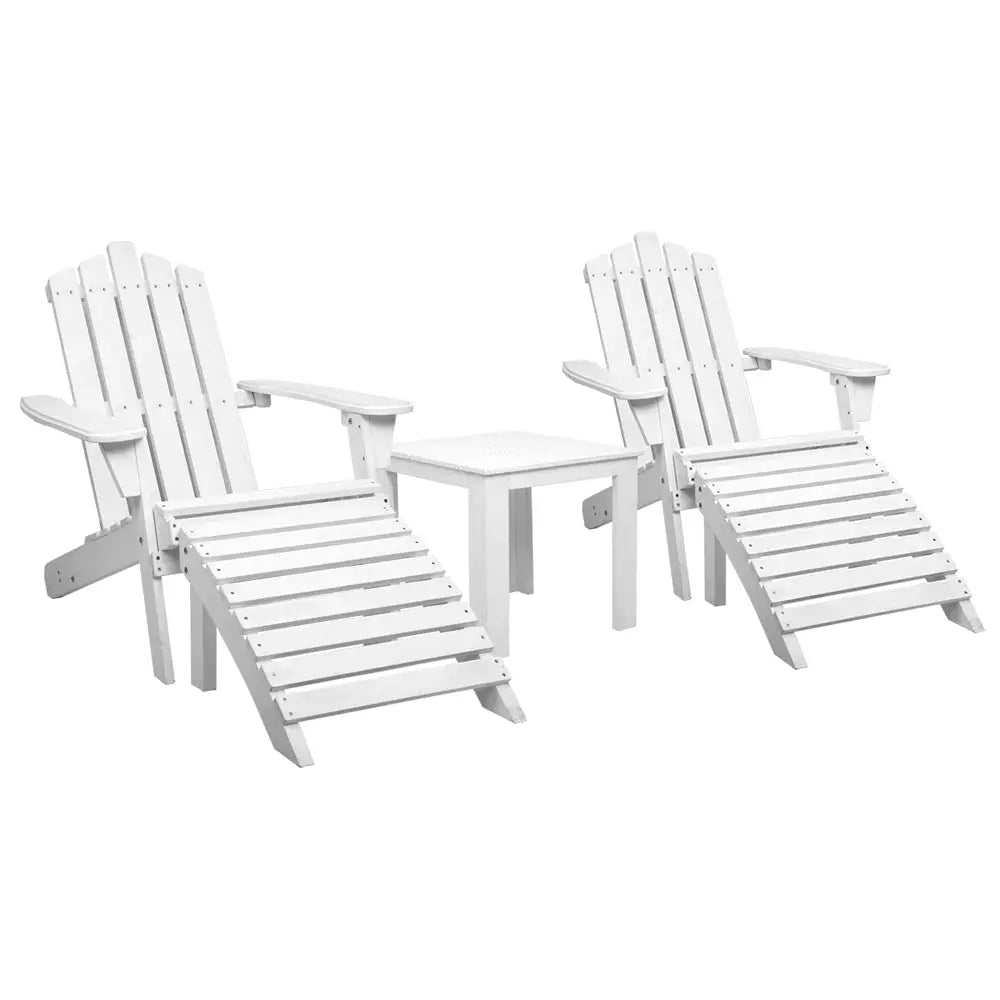 Gardeon 5PC Adirondack Outdoor Table and Chairs Wooden Sun Lounge Patio Furniture White - Furniture > Outdoor