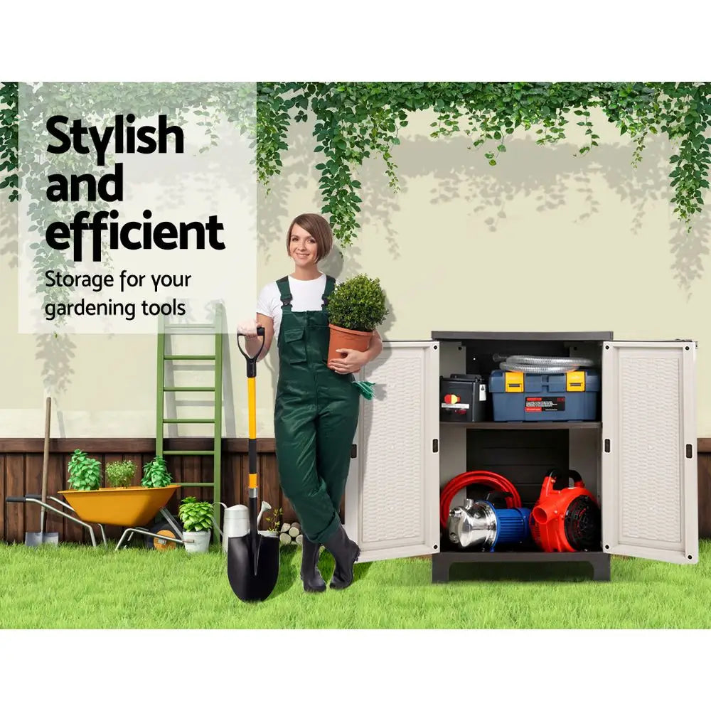 Gardeon 92cm Outdoor Storage Cabinet Box Lockable Cupboard Sheds Adjustable Rattan Beige - Home & Garden > Storage