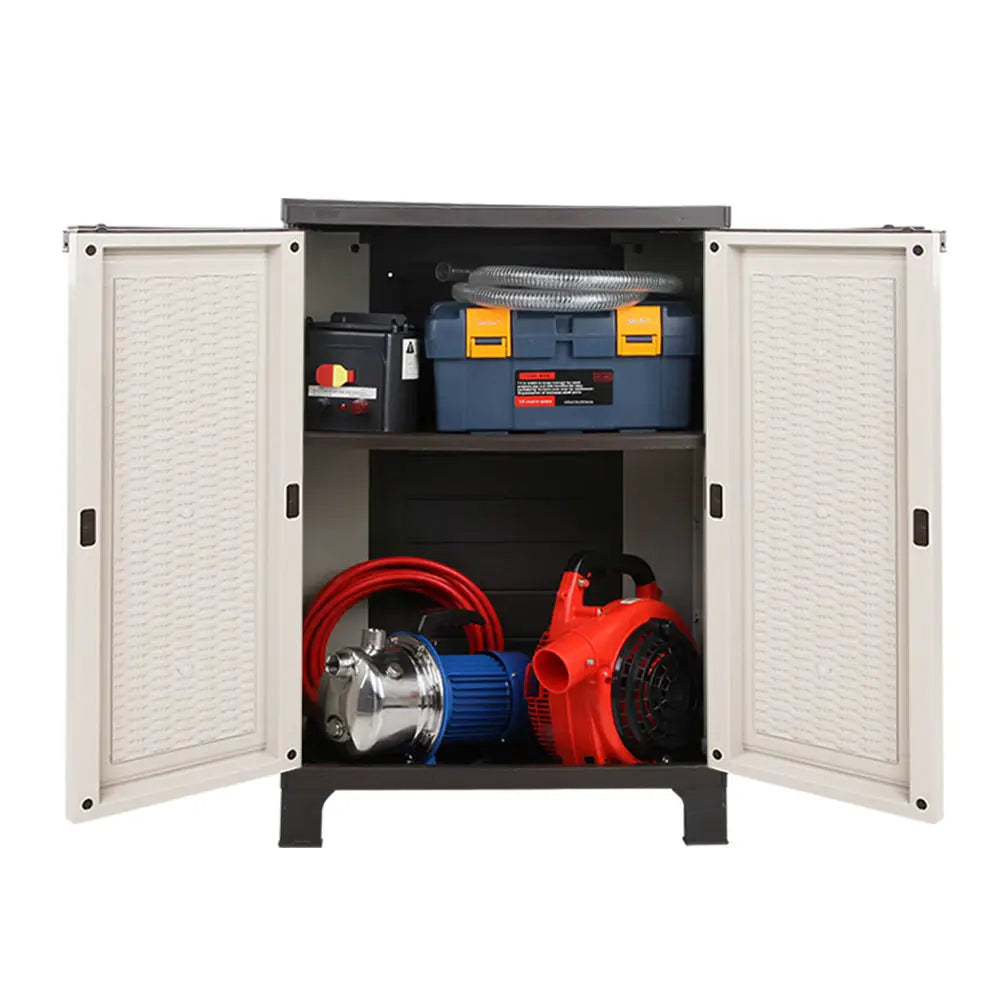 Gardeon 92cm Outdoor Storage Cabinet Box Lockable Cupboard Sheds Adjustable Rattan Beige - Home & Garden > Storage