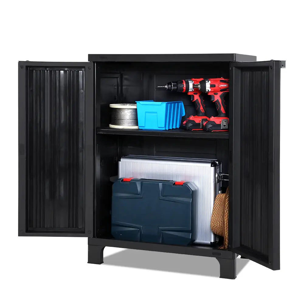 Gardeon 92cm Outdoor Storage Cabinet Box Lockable Cupboard Sheds Garage Adjustable Black - Home & Garden > Storage