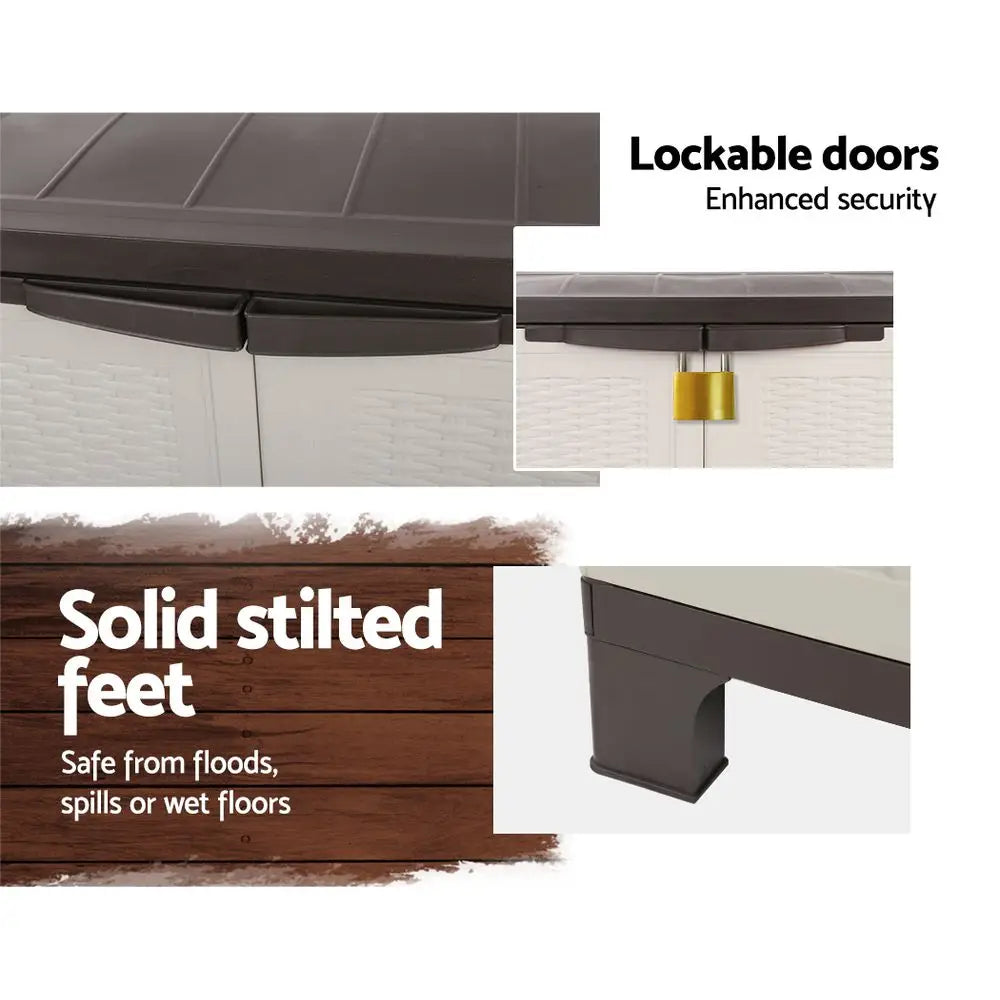 Gardeon 92cm Outdoor Storage Cabinet Box Lockable Cupboard Sheds Adjustable Rattan Beige - Home & Garden > Storage