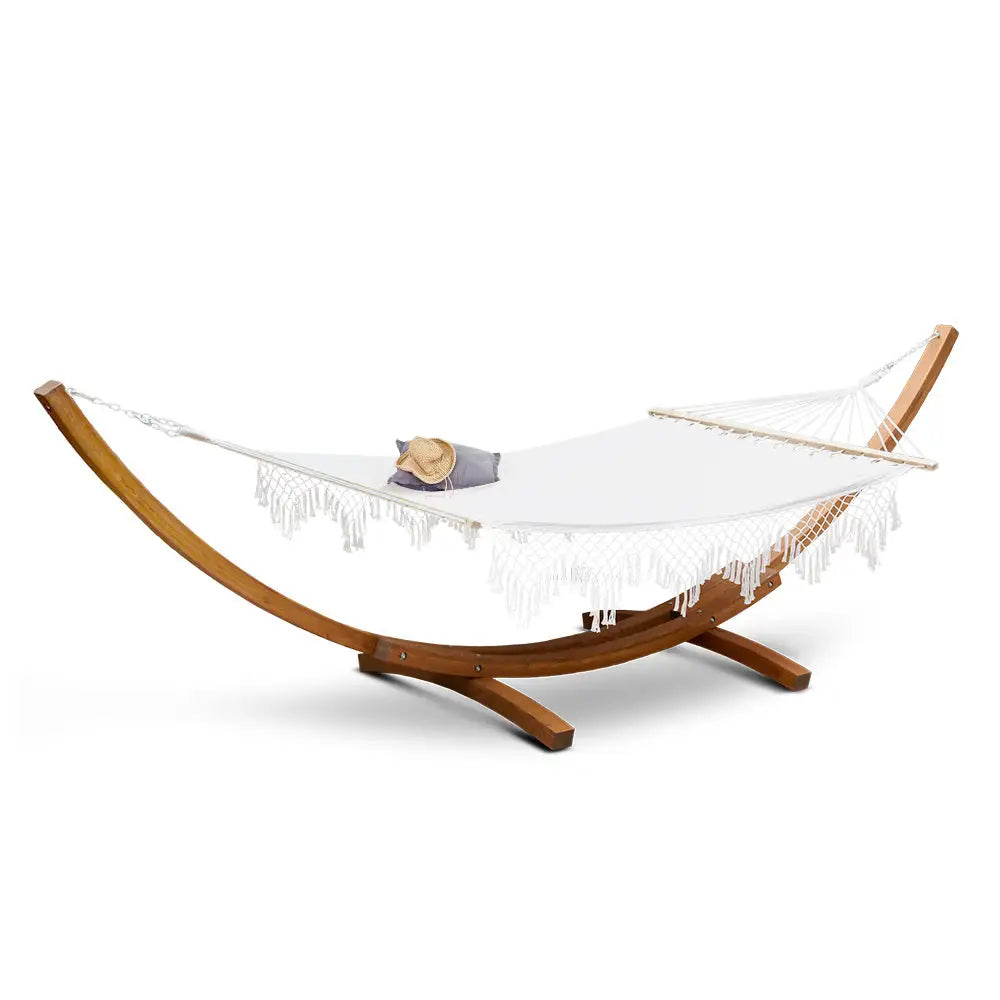 Gardeon Hammock Bed Outdoor Camping Garden Tassel Timber Hammock White - Home & Garden > Hammocks