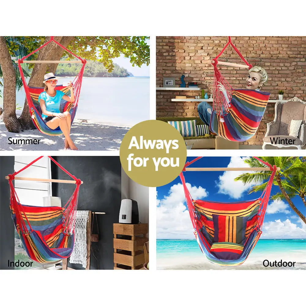 Gardeon Hammock Chair Outdoor Camping Hanging Hammocks Cushion Pillow Rainbow - Home & Garden > Hammocks