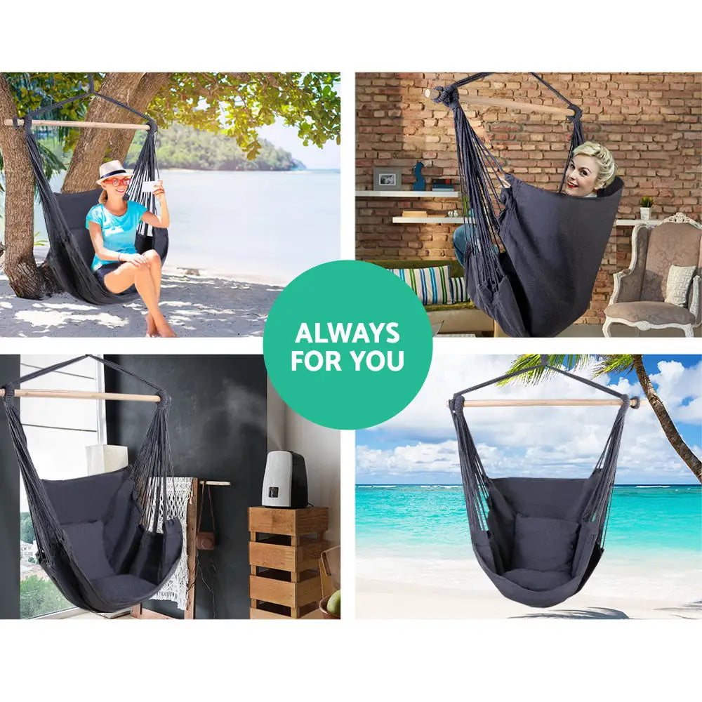Gardeon Hammock Chair Outdoor Camping Hanging Hammocks Cushion Pillow Grey - Home & Garden > Hammocks