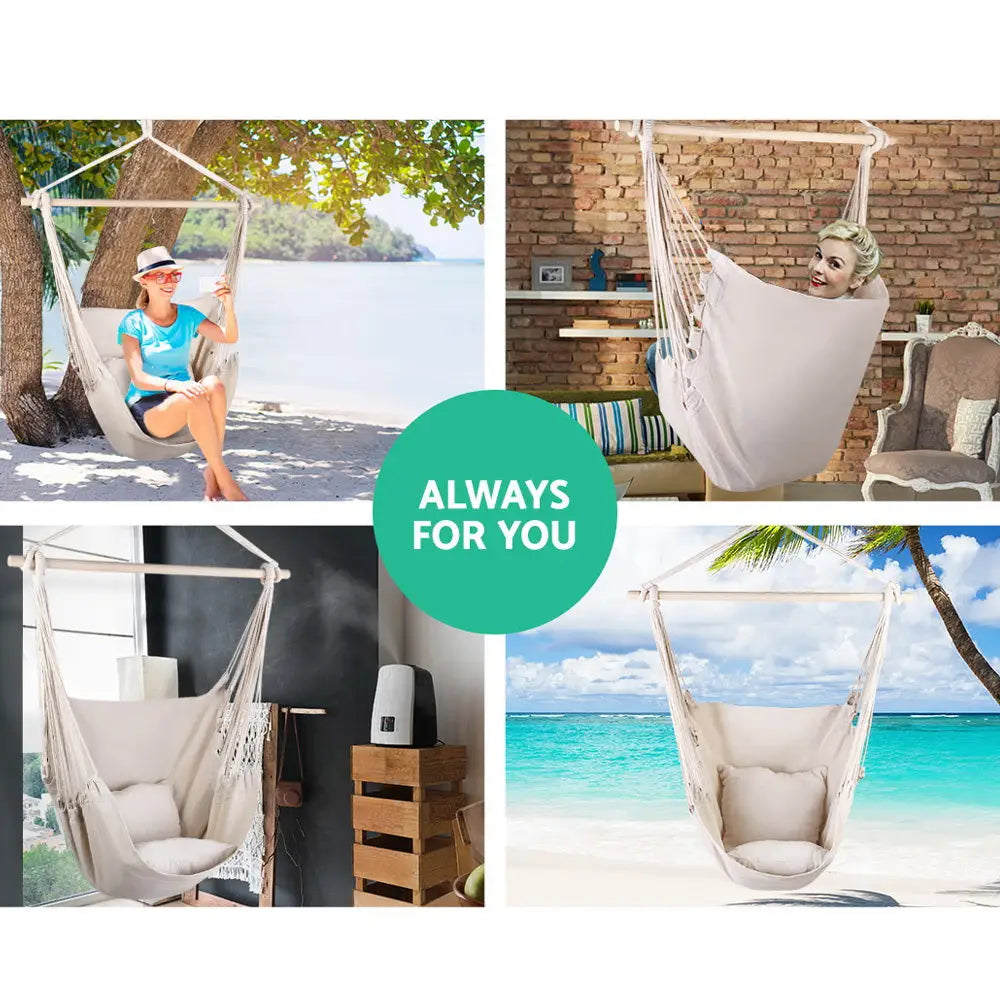Gardeon Hammock Chair Outdoor Camping Hanging Hammocks Cushion Pillow Cream - Home & Garden > Hammocks