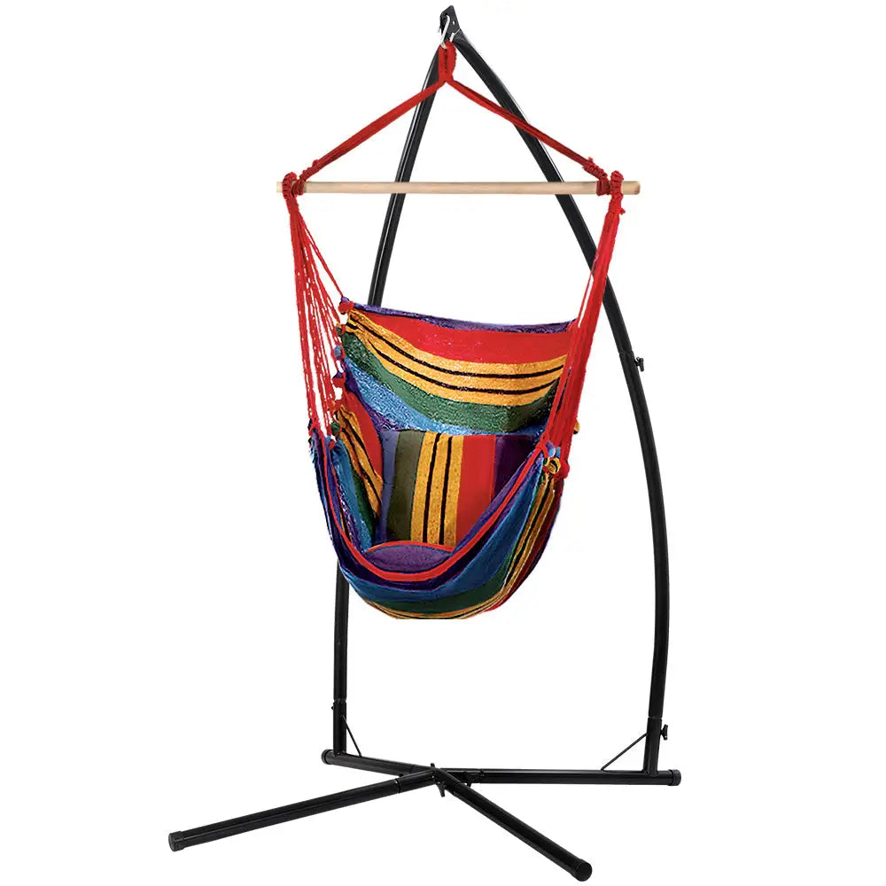 Gardeon Hammock Chair Outdoor Camping Hanging with Steel Stand Rainbow - Furniture > Outdoor