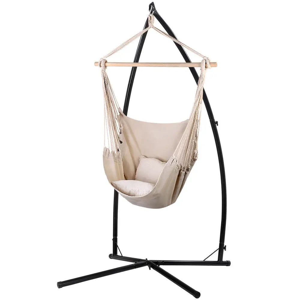 Gardeon Hammock Chair Outdoor Camping Hanging with Steel Stand Cream - Furniture > Outdoor