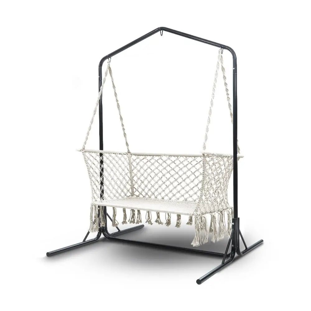 Gardeon Hammock Chair with Stand Macrame Outdoor Garden 2 Seater Cream - Home & Garden > Hammocks