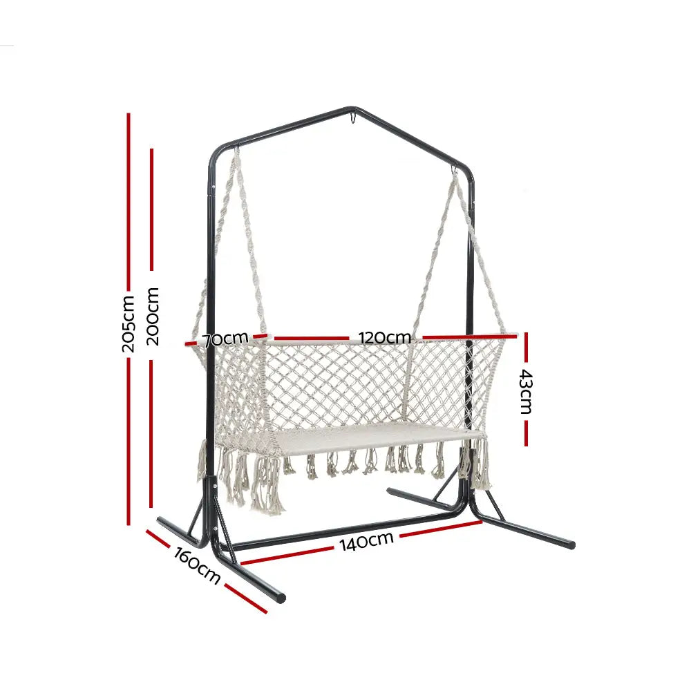 Gardeon Hammock Chair with Stand Macrame Outdoor Garden 2 Seater Cream - Home & Garden > Hammocks