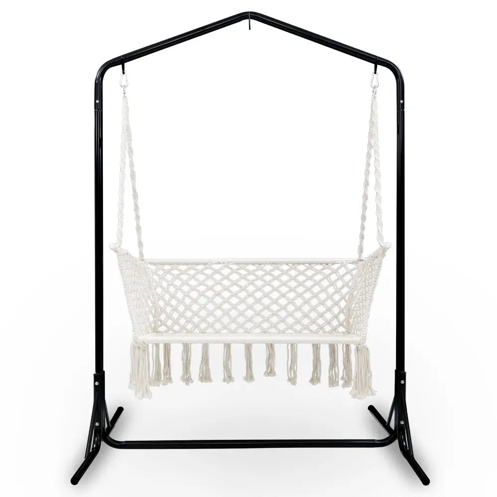 Gardeon Hammock Chair with Stand Macrame Outdoor Garden 2 Seater Cream - Home & Garden > Hammocks