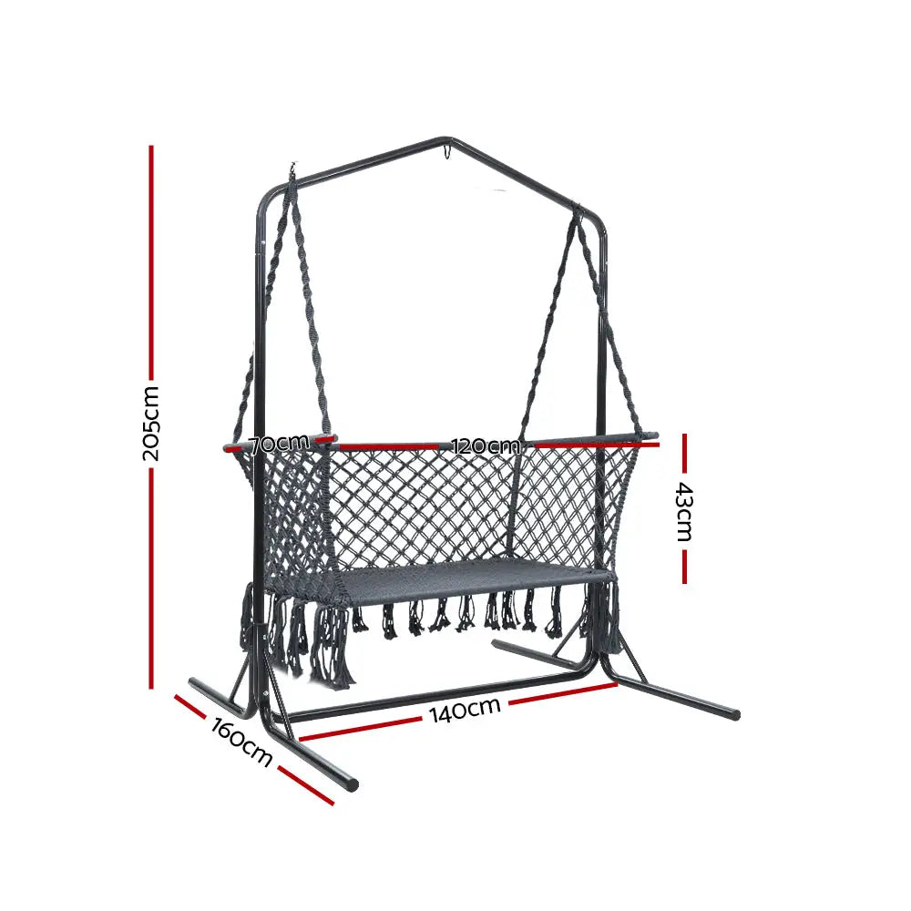 Gardeon Hammock Chair with Stand Macrame Outdoor Garden 2 Seater Grey - Home & Garden > Hammocks