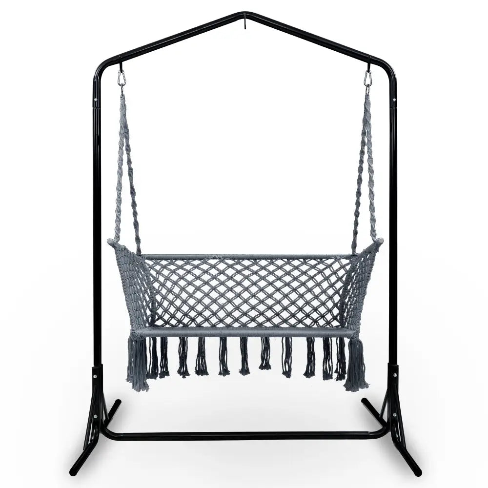 Gardeon Hammock Chair with Stand Macrame Outdoor Garden 2 Seater Grey - Home & Garden > Hammocks