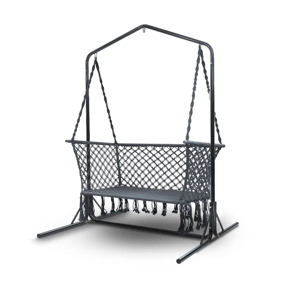 Gardeon Hammock Chair with Stand Macrame Outdoor Garden 2 Seater Grey - Home & Garden > Hammocks