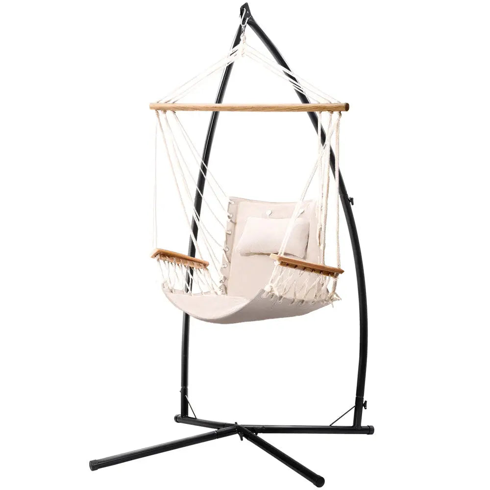 Gardeon Hammock Chair with Steel Stand Armrest Outdoor Hanging Cream - Furniture > Outdoor