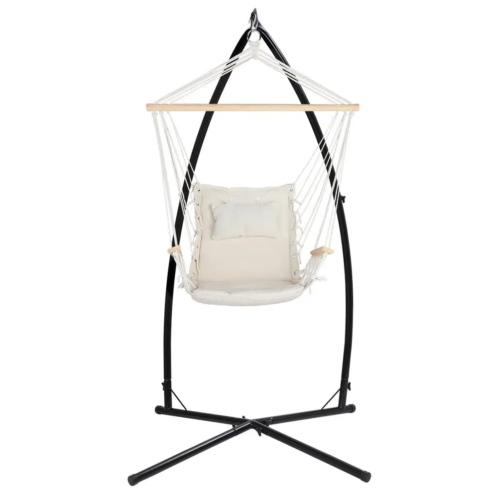 Gardeon Hammock Chair with Steel Stand Armrest Outdoor Hanging Cream - Furniture > Outdoor