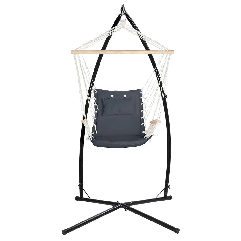 Gardeon Hammock Chair with Steel Stand Armrest Outdoor Hanging Grey - Furniture > Outdoor