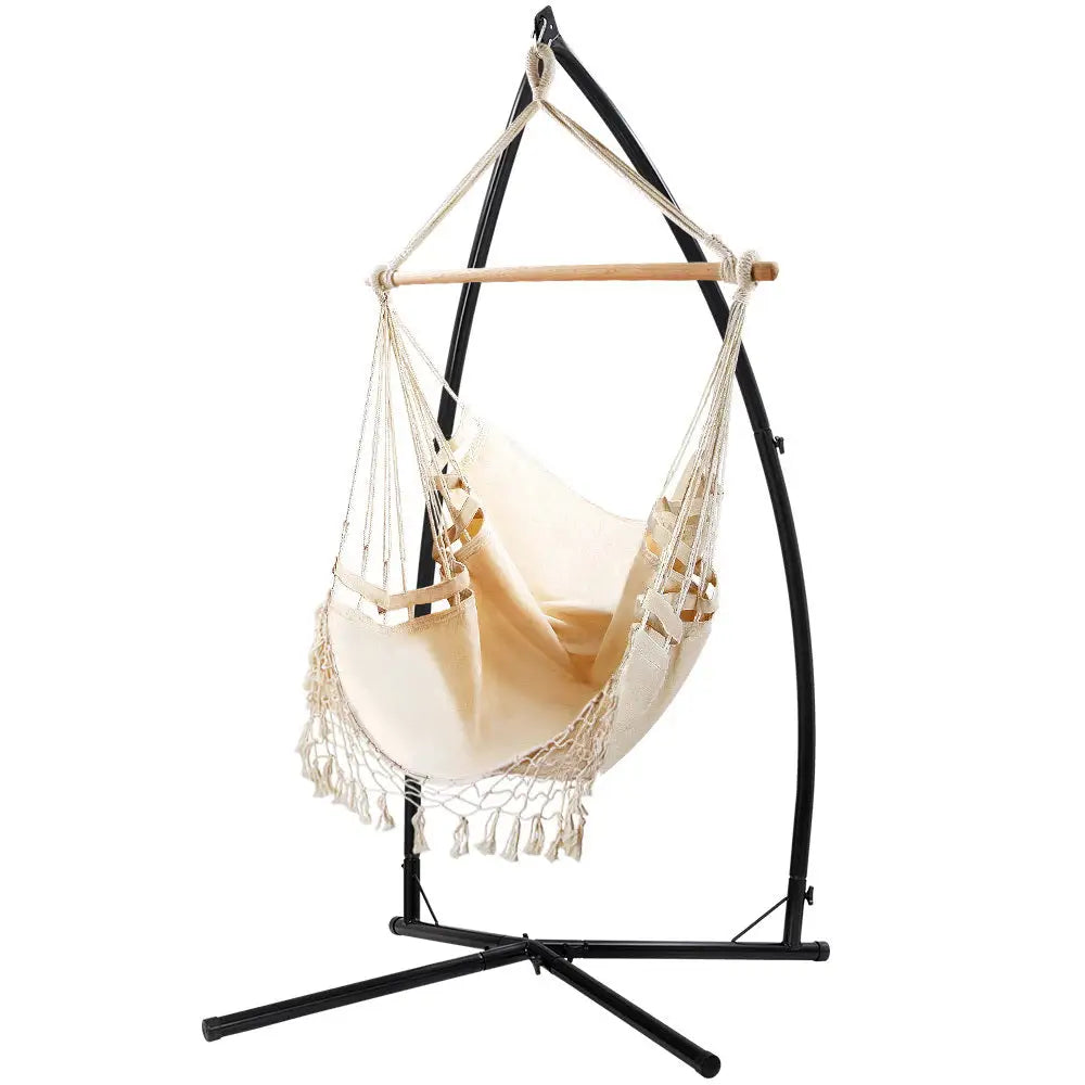 Gardeon Hammock Chair with Steel Stand Hanging Outdoor Tassel Cream - Furniture > Outdoor