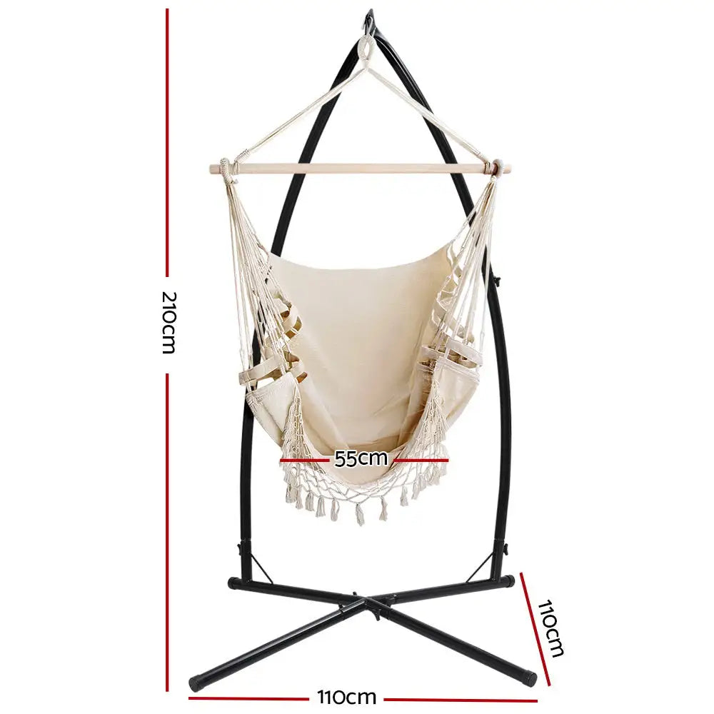 Gardeon Hammock Chair with Steel Stand Hanging Outdoor Tassel Cream - Furniture > Outdoor