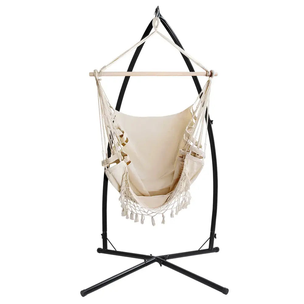 Gardeon Hammock Chair with Steel Stand Hanging Outdoor Tassel Cream - Furniture > Outdoor