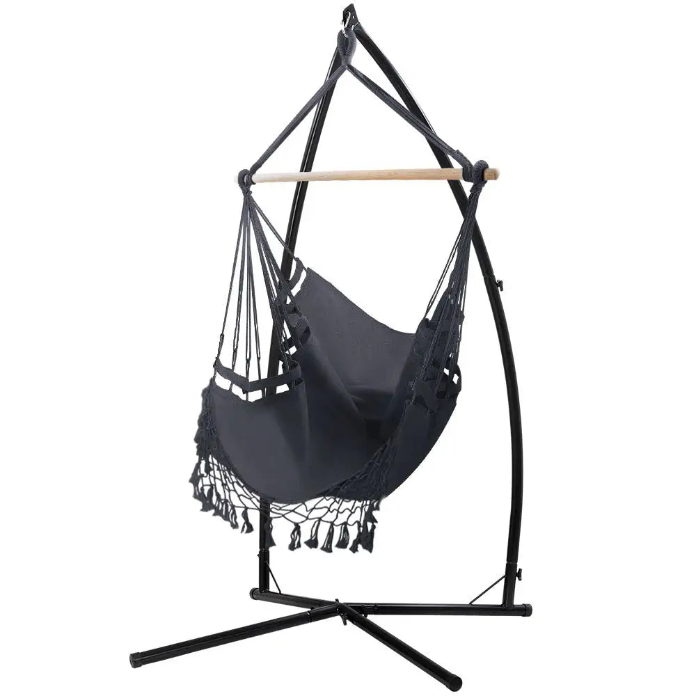 Gardeon Hammock Chair with Steel Stand Hanging Outdoor Tassel Grey - Furniture > Outdoor