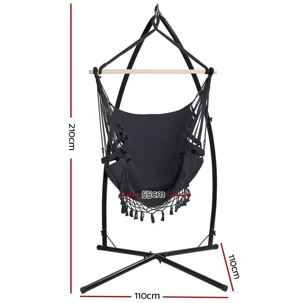 Gardeon Hammock Chair with Steel Stand Hanging Outdoor Tassel Grey - Furniture > Outdoor