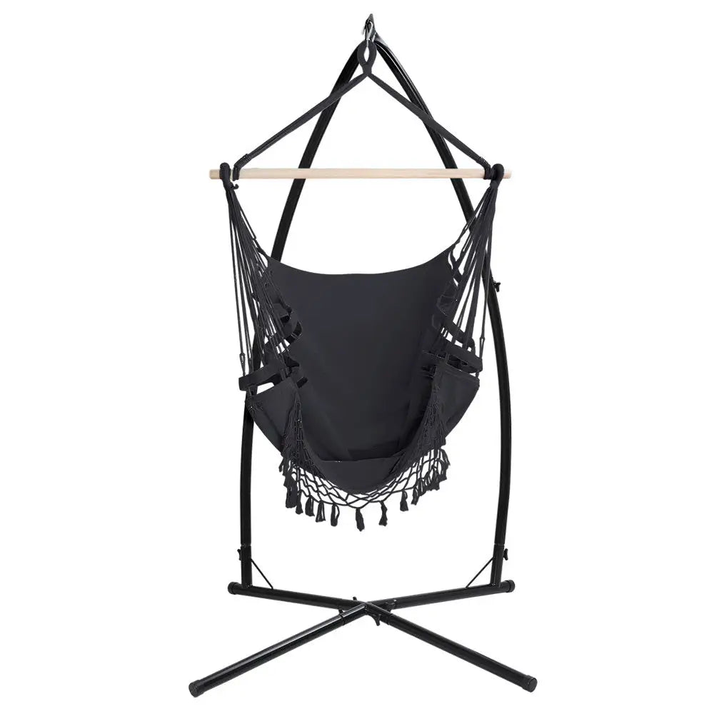 Gardeon Hammock Chair with Steel Stand Hanging Outdoor Tassel Grey - Furniture > Outdoor
