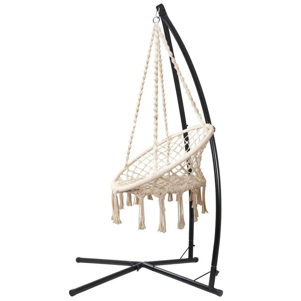 Gardeon Hammock Chair with Steel Stand Macrame Outdoor Swinging Cream - Furniture > Outdoor