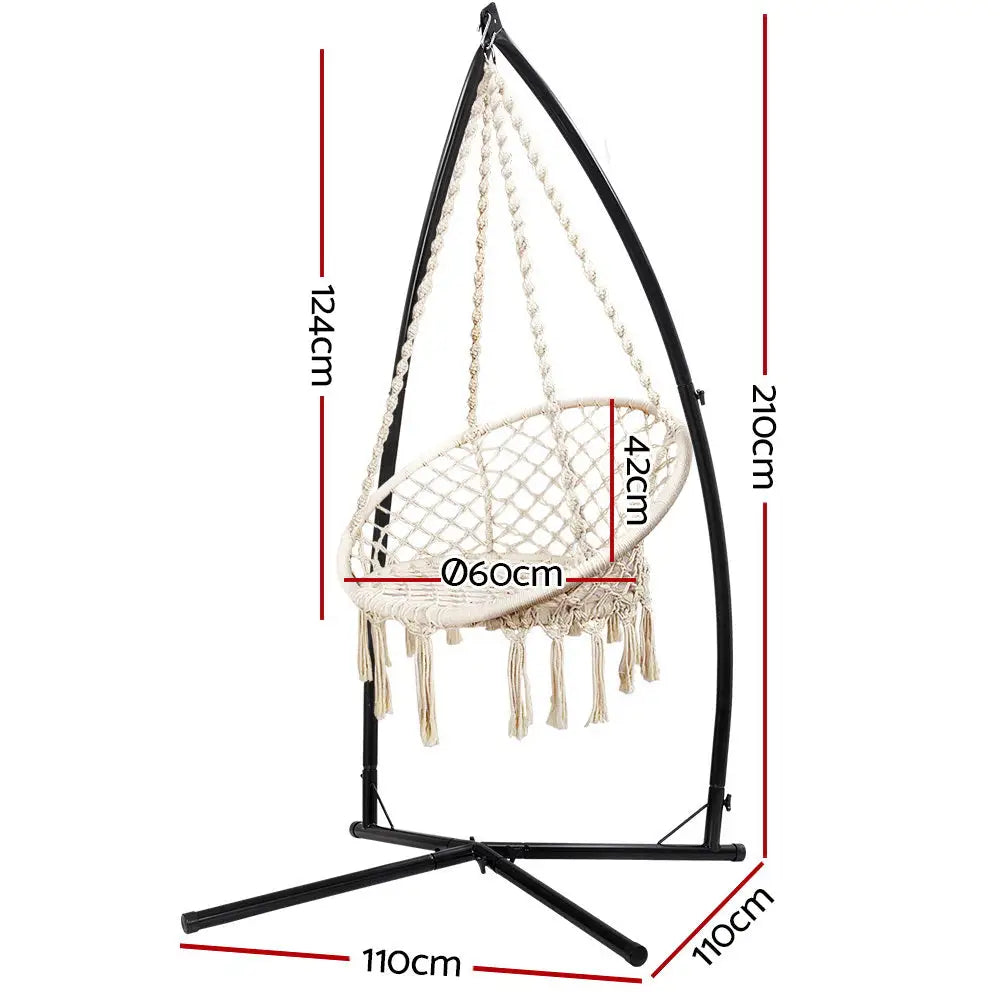 Gardeon Hammock Chair with Steel Stand Macrame Outdoor Swinging Cream - Furniture > Outdoor