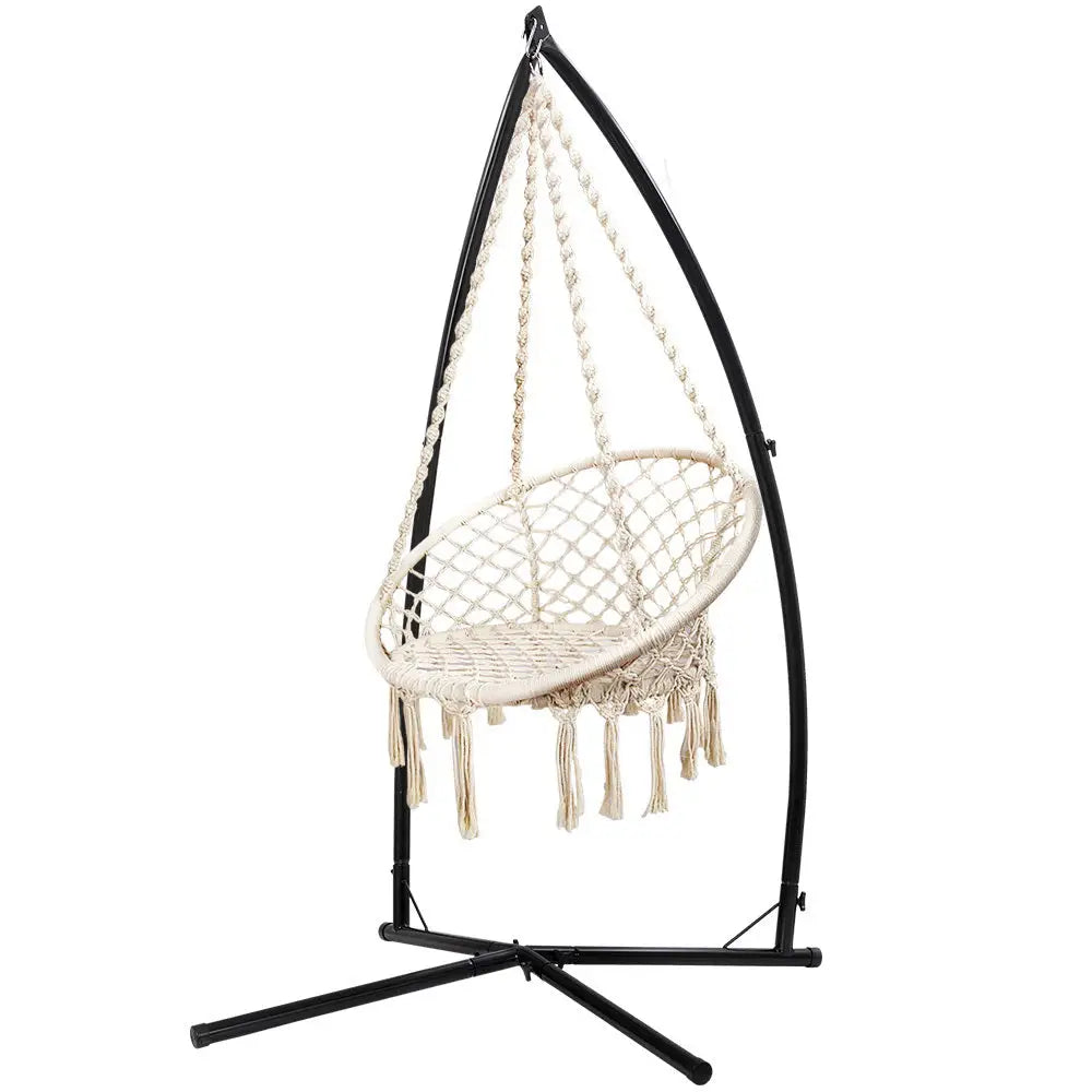 Gardeon Hammock Chair with Steel Stand Macrame Outdoor Swinging Cream - Furniture > Outdoor