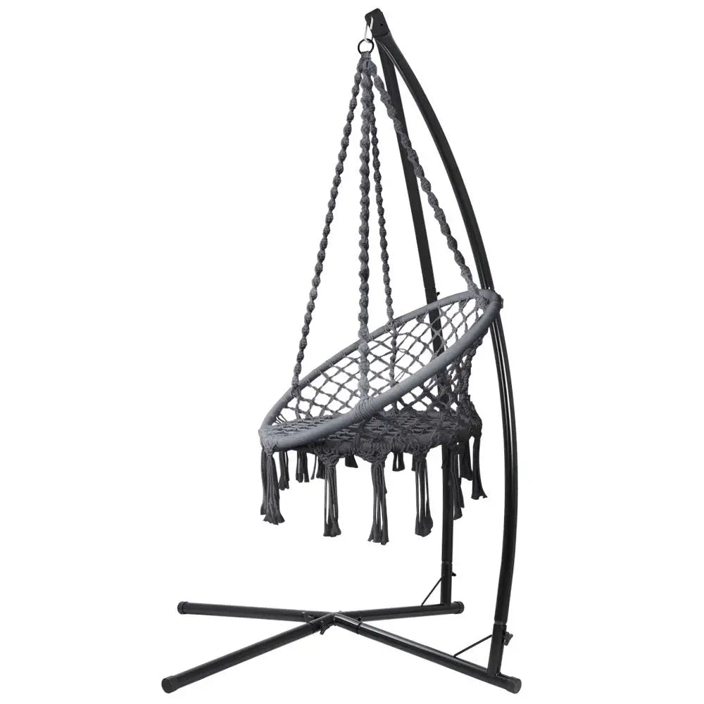 Gardeon Hammock Chair with Steel Stand Macrame Outdoor Swinging Grey - Furniture > Outdoor