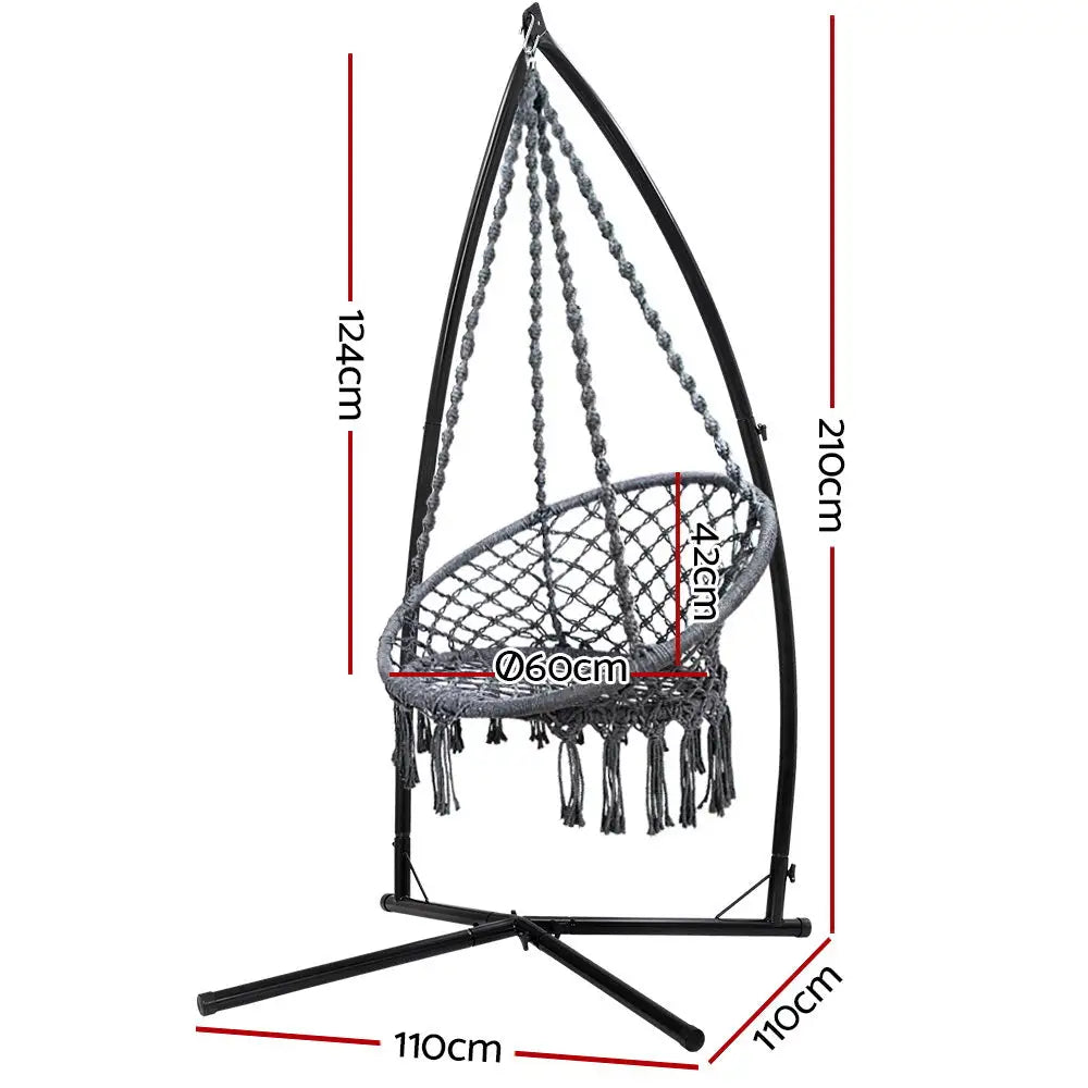 Gardeon Hammock Chair with Steel Stand Macrame Outdoor Swinging Grey - Furniture > Outdoor