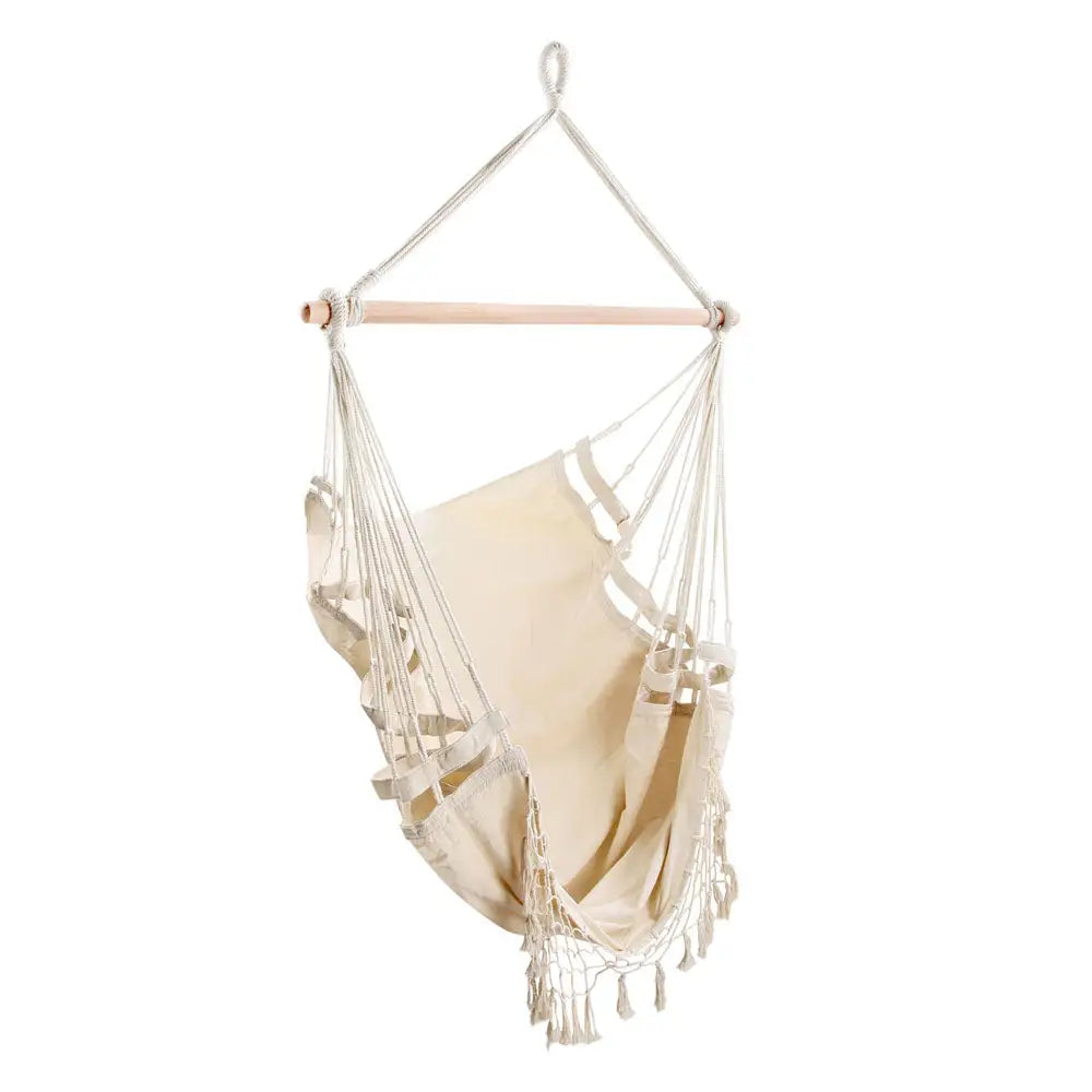 Gardeon Hanging Hammock Chair Outdoor Swing Hammocks Tassel Cream - Home & Garden > Hammocks