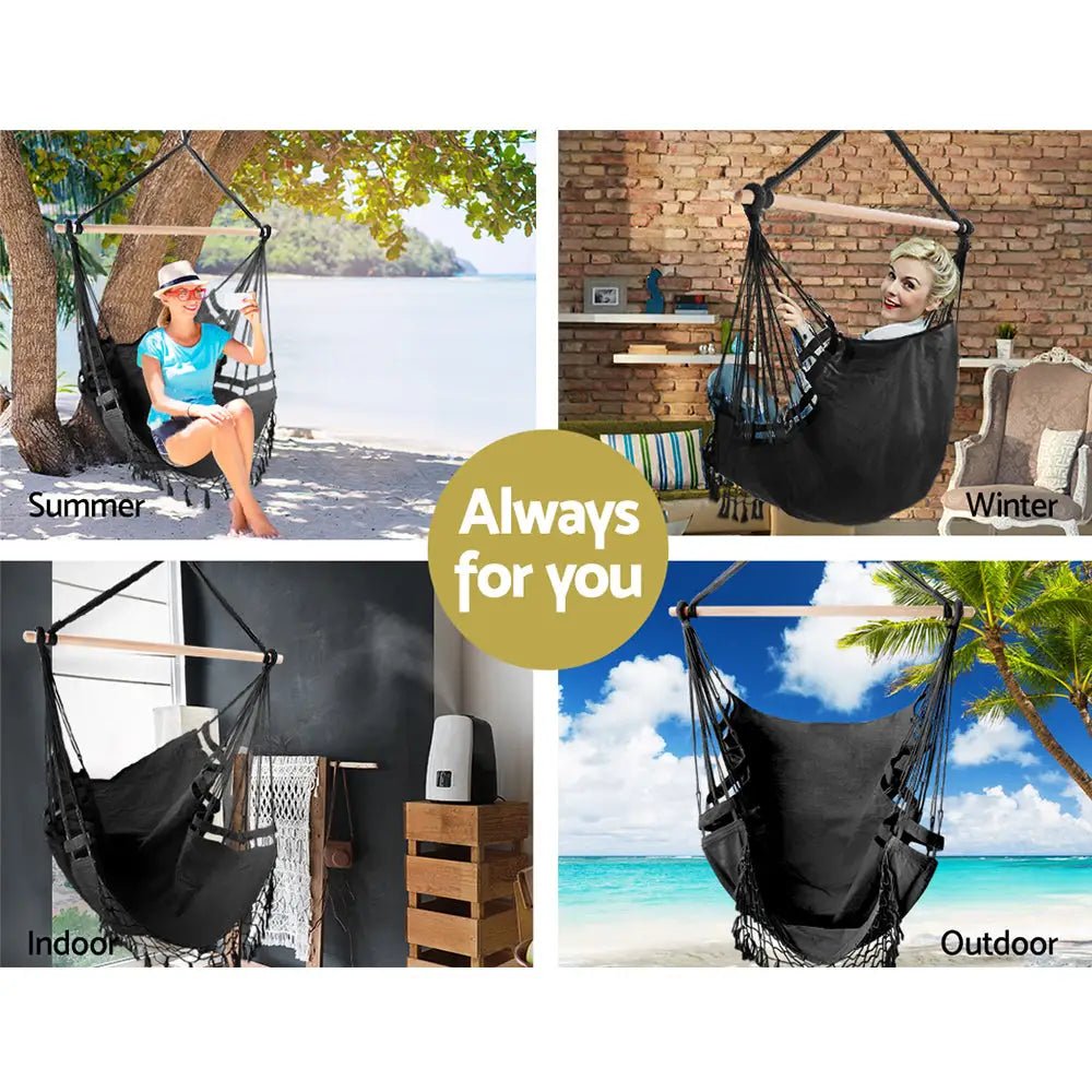 Gardeon Hanging Hammock Chair Outdoor Swing Hammocks Tassel Grey - Home & Garden > Hammocks