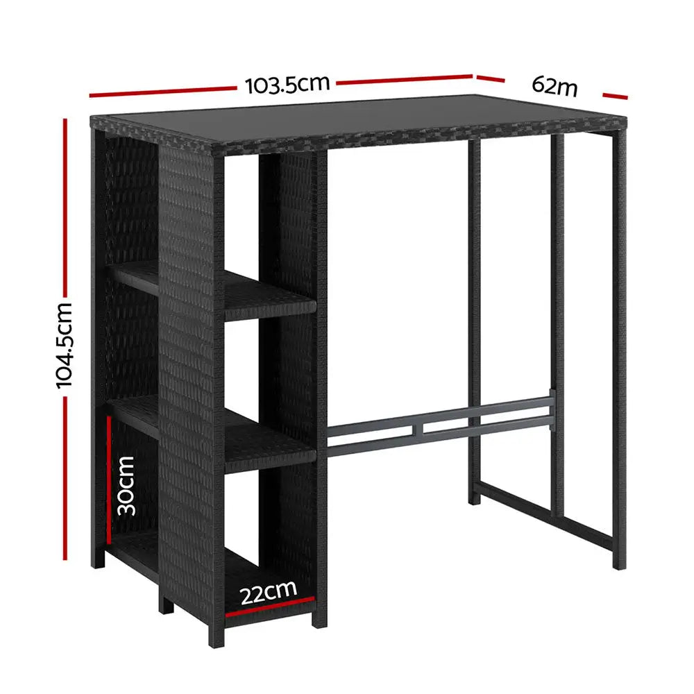Gardeon Outdoor Bar Table Wicker Dining Bistro Glass Desk Steel Patio Furniture Black - Furniture > Bar Stools & Chairs